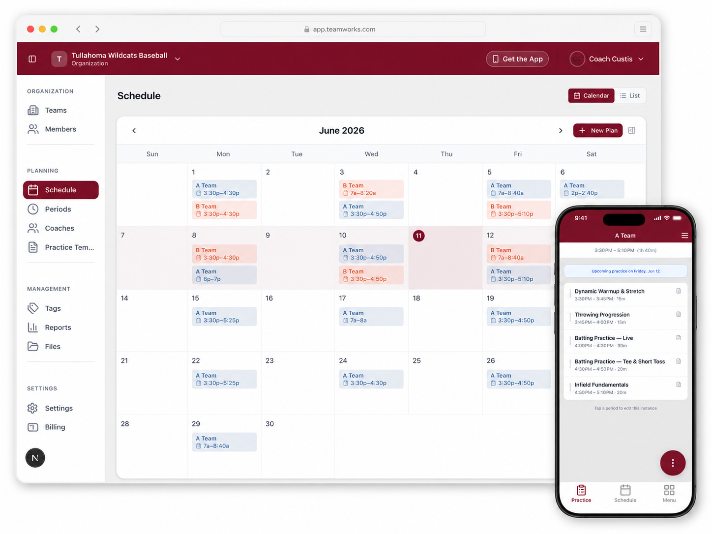 Practice Plan App showing team schedule and calendar