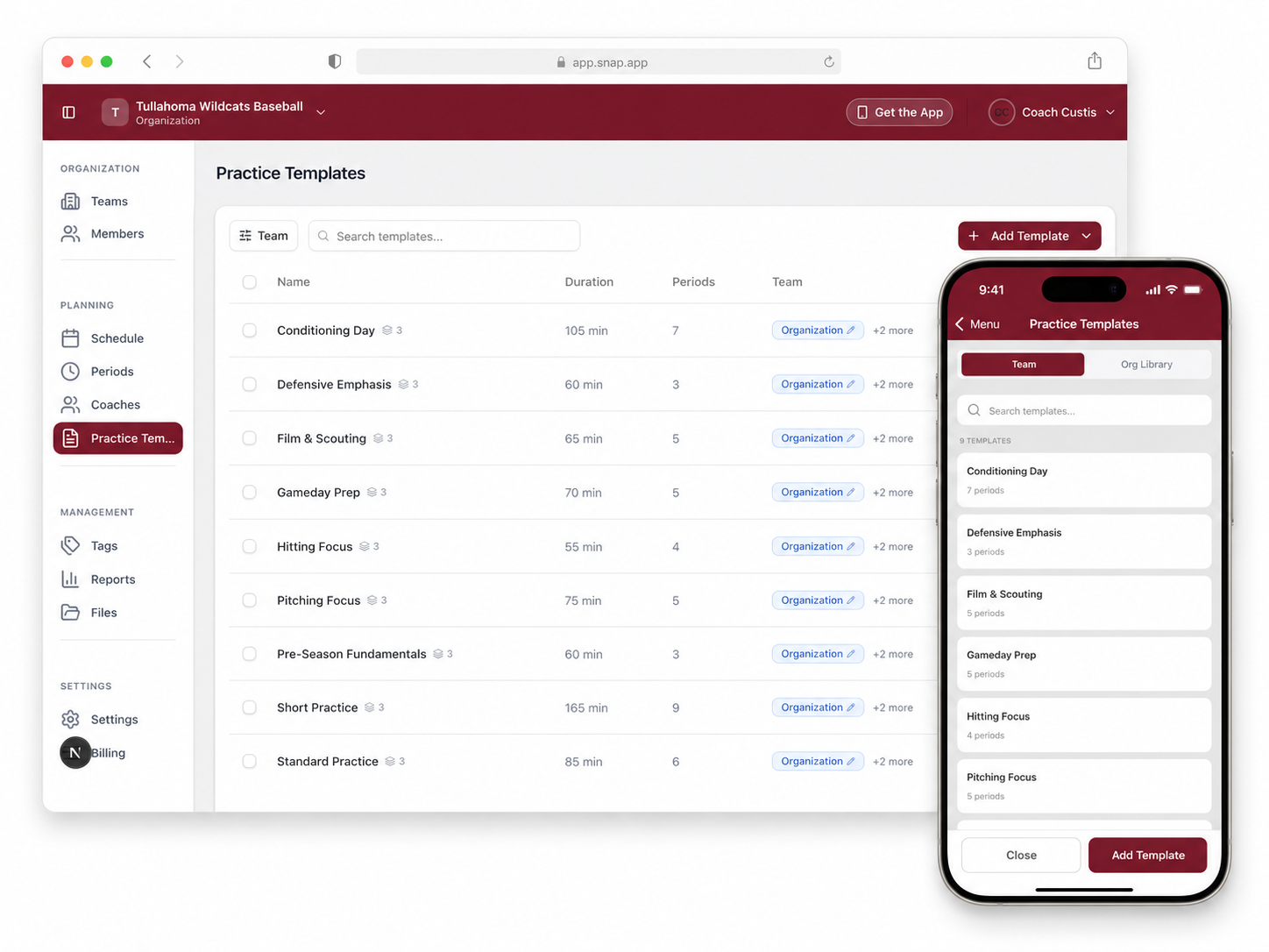 Baseball practice templates in Practice Plan App
