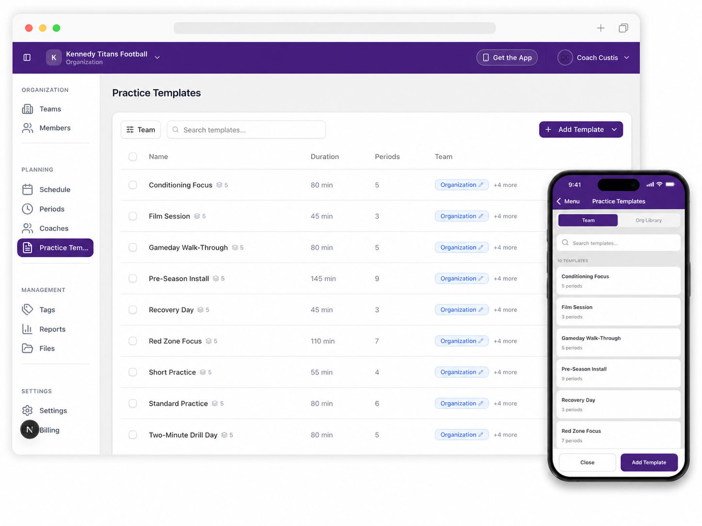Baseball practice planner templates in Practice Plan App